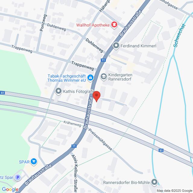 Lehrlingsportal.at Eine digitale Karte zeigt einen Ausschnitt von Rannersdorf, Österreich, in dem die Brauhausstraße mit nahegelegenen Geschäften und Sehenswürdigkeiten eingezeichnet ist.