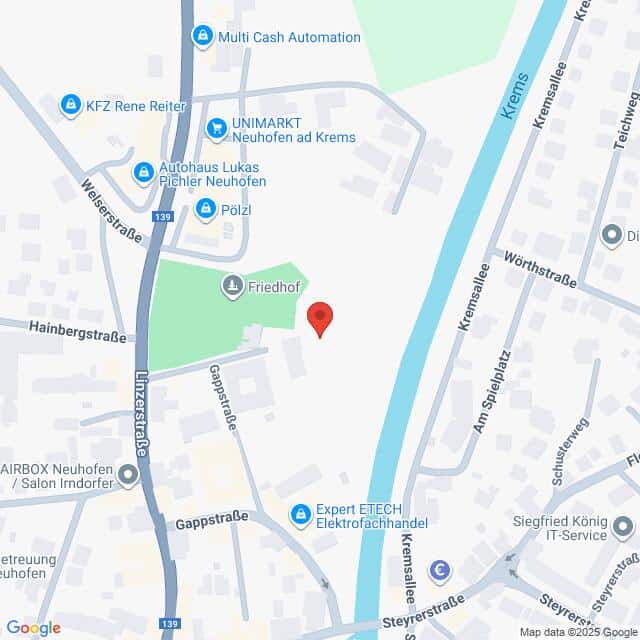 Lehrlingsportal.at Eine digitale Karte mit Straßen und Geschäften in Neuhofen an der Krems, Österreich, mit einer roten Ortsmarkierung in der Nähe eines Friedhofs (Friedhof).