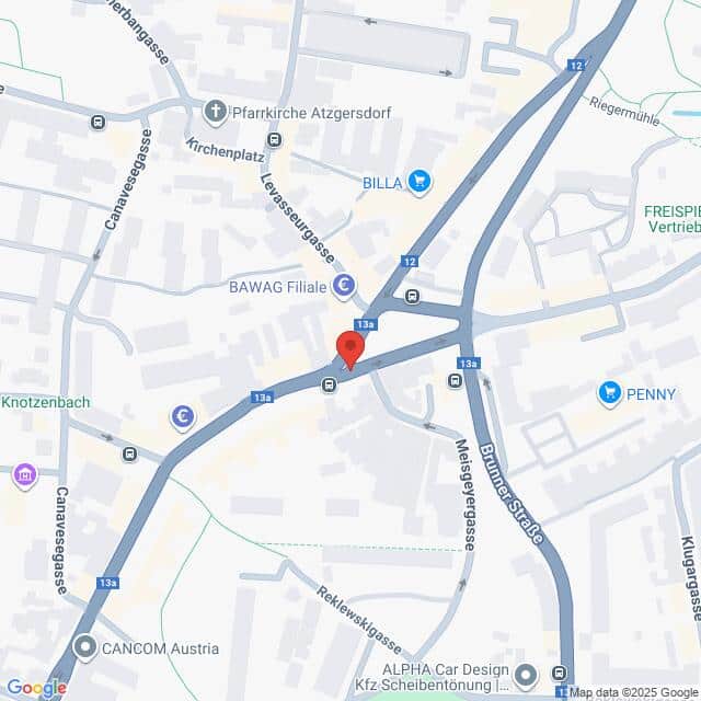 Lehrlingsportal.at Karte mit einer Straßenführung in Atzgersdorf, Wien, Österreich, mit Straßen, Geschäften und Sehenswürdigkeiten, die durch Symbole und Beschriftungen gekennzeichnet sind. Eine rote Standortnadel markiert das Zentrum.