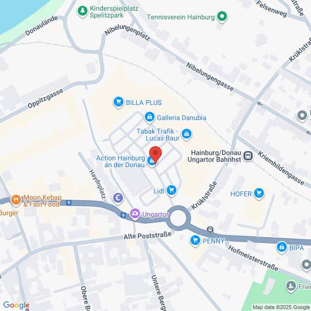 Lehrlingsportal.at Karte mit einem Ausschnitt von Hainburg an der Donau, Österreich, auf der verschiedene Geschäfte, Straßen, Spielplätze und Standorte öffentlicher Verkehrsmittel eingezeichnet sind.