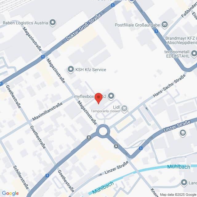 Lehrlingsportal.at Die Karte zeigt einen mit einer roten Stecknadel markierten Standort in der Maximilianstraße in der Nähe eines Kreisverkehrs, mit Beschriftung der umliegenden Straßen und Geschäfte, darunter Lidl und myflexbox.
