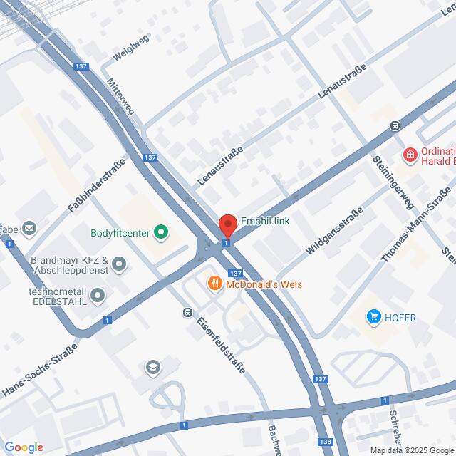 Lehrlingsportal.at Karte, die den Standort von Emobil.link an einer Kreuzung in Wels, Österreich, in der Nähe von McDonald's, Hofer und Bodyfitcenter zeigt, mit Beschriftung der umliegenden Straßen und Wahrzeichen.