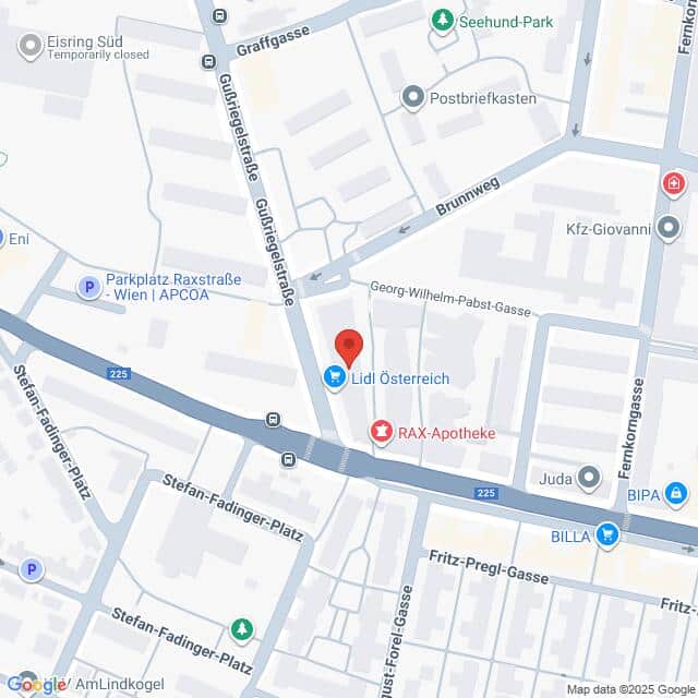 Lehrlingsportal.at Karte mit der Lage von Lidl Österreich in der Nähe der Georg-Wilhelm-Pabst-Gasse in Wien, mit nahe gelegenen Sehenswürdigkeiten wie RAX-Apotheke und Stefan-Fadinger-Platz.