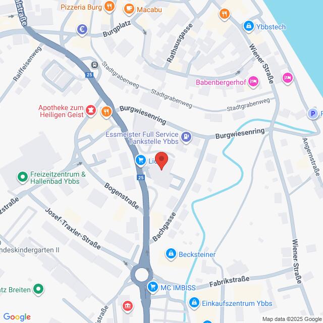 Lehrlingsportal.at Eine Karte zeigt Straßen und Sehenswürdigkeiten in Ybbs, Österreich, darunter eine Tankstelle, eine Apotheke, Restaurants und verschiedene Geschäfte am Burgwiesenring und in der Bachgasse.