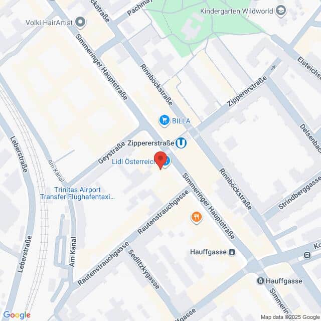 Lehrlingsportal.at Eine Karte, die die Lage von Lidl Österreich in der Simmeringer Hauptstraße in Wien zeigt, mit Markierung der umliegenden Straßen und Wahrzeichen.