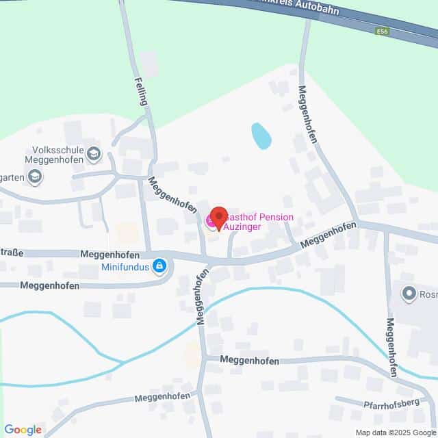 Lehrlingsportal.at Karte mit der Lage des Gasthof Pension Auzinger in Meggenhofen, Österreich, mit Beschriftung der umliegenden Straßen und Sehenswürdigkeiten.