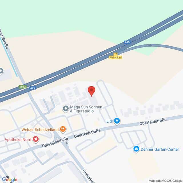 Lehrlingsportal.at Karte eines Abschnitts der Oberfeldstraße in Wels, Österreich, mit nahegelegenen Geschäften wie Lidl und Dehner Garten-Center, wobei eine Markierung einen bestimmten Standort anzeigt.