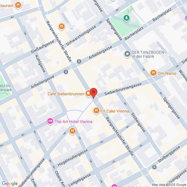 Lehrlingsportal.at Karte mit der Lage des Café Siebenbrunnen in Wien, Österreich, mit Beschriftung der umliegenden Straßen und Sehenswürdigkeiten.