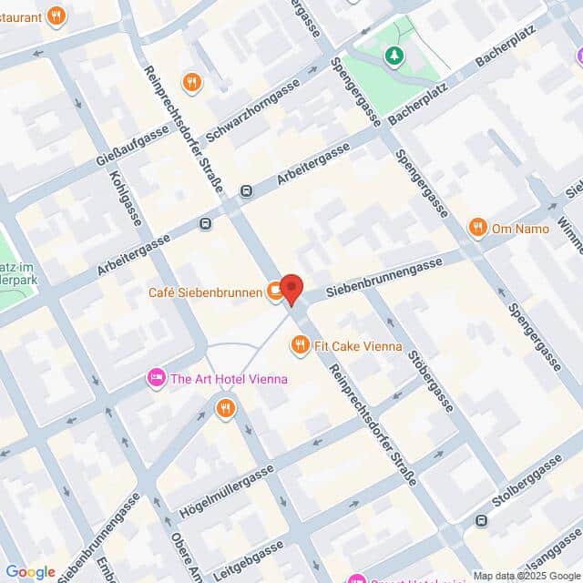 Lehrlingsportal.at Karte mit der Lage des Café Siebenbrunnen in Wien, Österreich, in der Nähe der Siebenbrunnengasse und der Arbeitergasse, mit Beschriftung der umliegenden Sehenswürdigkeiten und Straßen.