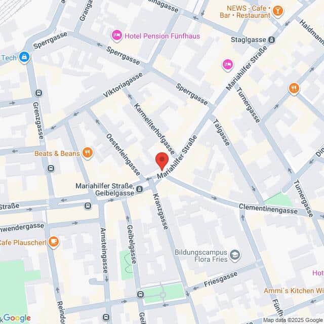 Lehrlingsportal.at Karte der Gegend um die Mariahilfer Straße in Wien, Österreich, mit Beschriftung der umliegenden Straßen, Cafés und Geschäfte. Eine rote Markierung zeigt einen bestimmten Ort an.
