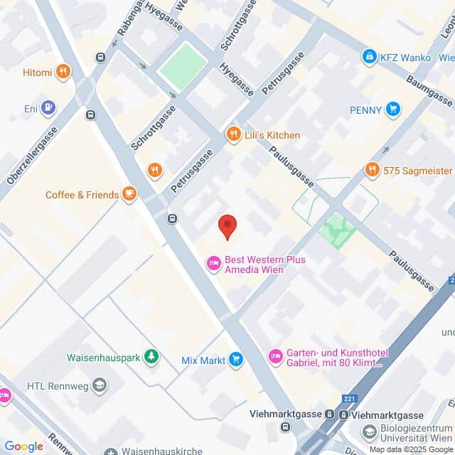 Lehrlingsportal.at Karte mit einem Ausschnitt von Wien mit nahegelegenen Geschäften, Restaurants und Sehenswürdigkeiten, zentriert auf das Best Western Plus Amedia Wien in der Landstraßer Hauptstraße.