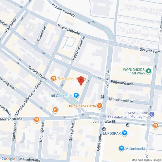 Lehrlingsportal.at Die Karte zeigt einen Ausschnitt von Wien, Österreich, mit Geschäften wie Lidl Österreich und Die goldene Harfe, und Straßen wie die Johnstraße und die Schanzstraße sind eingezeichnet.