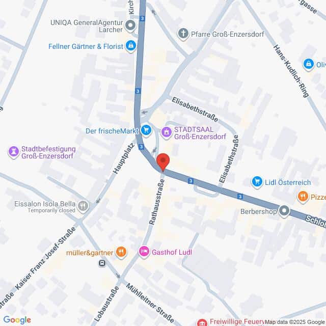 Lehrlingsportal.at Karte der Kreuzung von Hauptplatz, Rathausstraße und Elisabethstraße in Groß-Enzersdorf, Österreich, mit Beschriftung der umliegenden Geschäfte und Sehenswürdigkeiten.