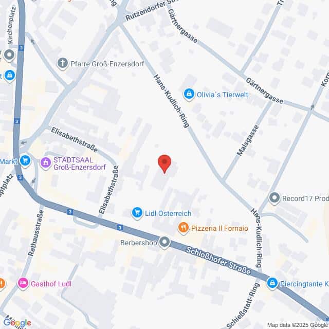 Lehrlingsportal.at Eine digitale Karte zeigt einen markierten Standort am Hans-Kudlich-Ring in Groß-Enzersdorf, Österreich, in der Nähe mehrerer Geschäfte, Straßen und Sehenswürdigkeiten.