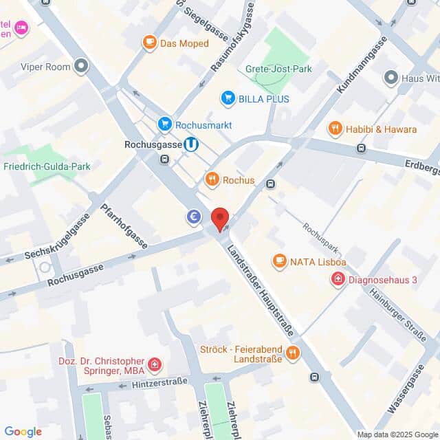 Lehrlingsportal.at Eine Karte mit Straßen und Orten in der Nähe der Rochusgasse in Wien, Österreich, mit Beschriftung von Geschäften und Sehenswürdigkeiten.