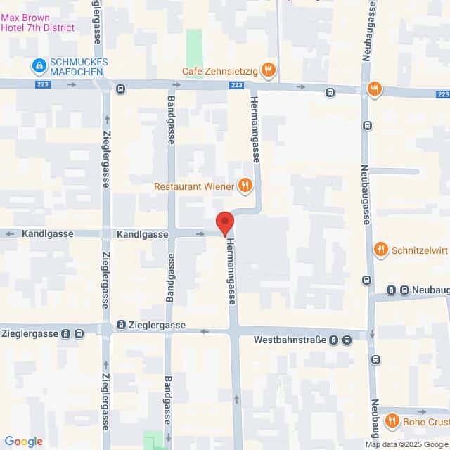 Lehrlingsportal.at Karte der Kreuzung Kandlgasse und Hermanngasse in Wien, Österreich, mit Beschriftung der umliegenden Restaurants und Straßen.
