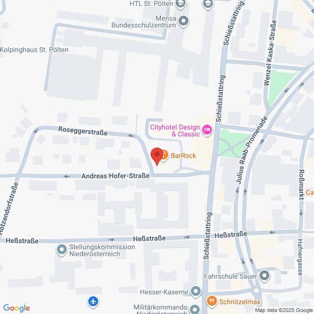 Lehrlingsportal.at Eine Karte zeigt die Lage von BarRock in der Andreas Hofer-Straße in St. Pölten, Österreich, in der Nähe mehrerer Straßen und lokaler Geschäfte.
