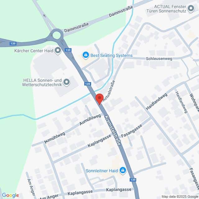 Lehrlingsportal.at Karte der Kreuzung Kreuzstraße und Dammtstraße in Haid, mit Beschriftung der umliegenden Geschäfte und Straßen.