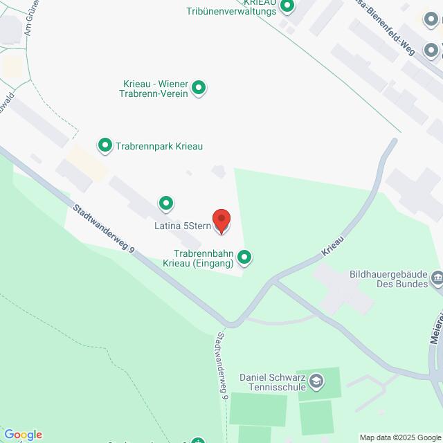 Lehrlingsportal.at Eine Karte mit der Lage der Trabrennbahn Krieau (Eingang) und nahegelegenen Sehenswürdigkeiten, einschließlich Latina 5Stern und Daniel Schwarz Tennisschule.