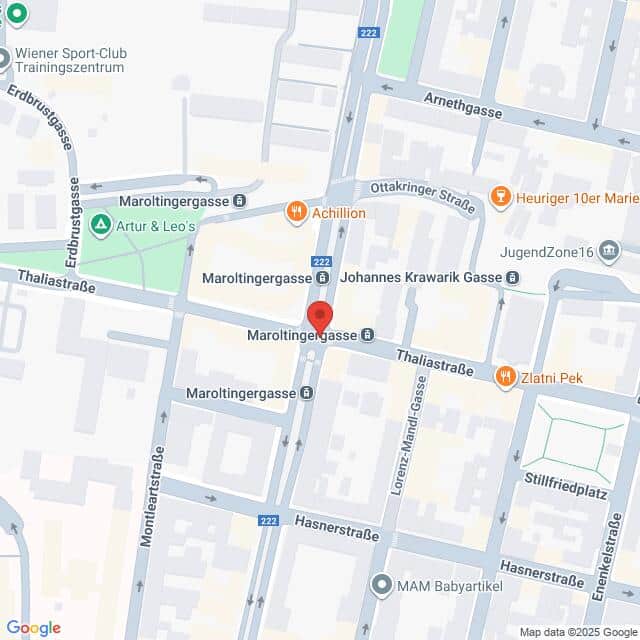 Lehrlingsportal.at Karte der Kreuzung Maroltingergasse und Thaliastraße in Wien, Österreich, mit Beschriftung der umliegenden Geschäfte und Straßen.
