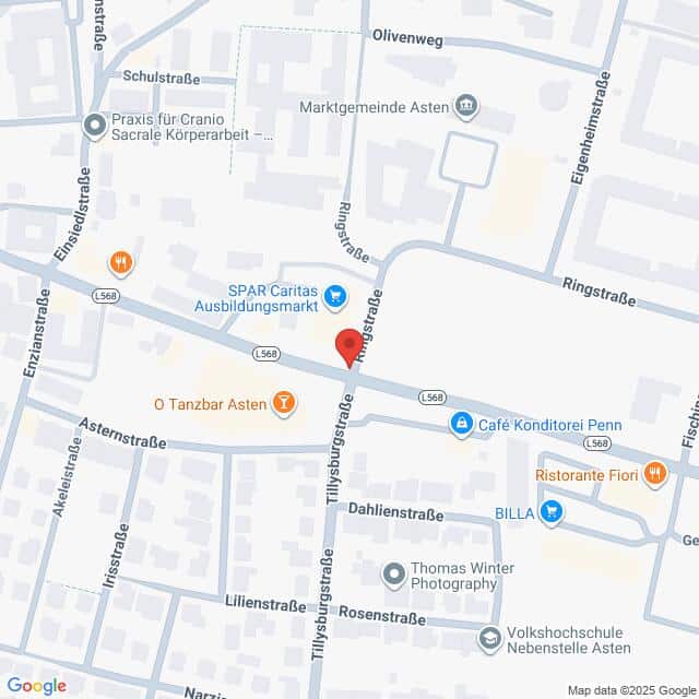 Lehrlingsportal.at Eine Karte mit den Straßen und Geschäften rund um die Illyriastraße in Asten, Österreich, mit Markierungen für Orte wie SPAR, BILLA und lokale Cafés.