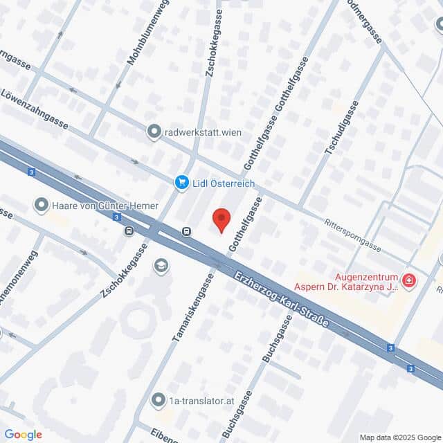Lehrlingsportal.at Kartenansicht der Kreuzung Gothelfstraße und Zschokkegasse in der Nähe der Herzog-Karl-Straße in Wien, mit Markierung der umliegenden Geschäfte und Sehenswürdigkeiten.