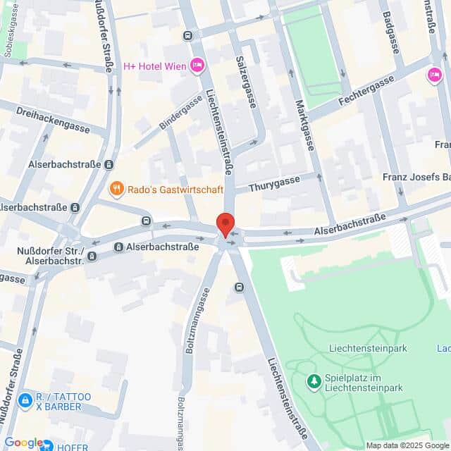 Lehrlingsportal.at Eine Karte, die die Kreuzung der Alserbachstraße und der Nußdorfer Straße in Wien, Österreich, zeigt, mit Beschriftung der nahegelegenen Straßen und Wahrzeichen.