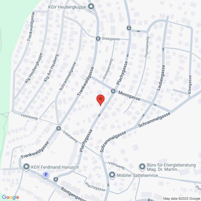 Lehrlingsportal.at Eine digitale Karte, die Straßen und Gebäude in einem Wohngebiet zeigt, mit einem roten Standortmarker in der Mitte.