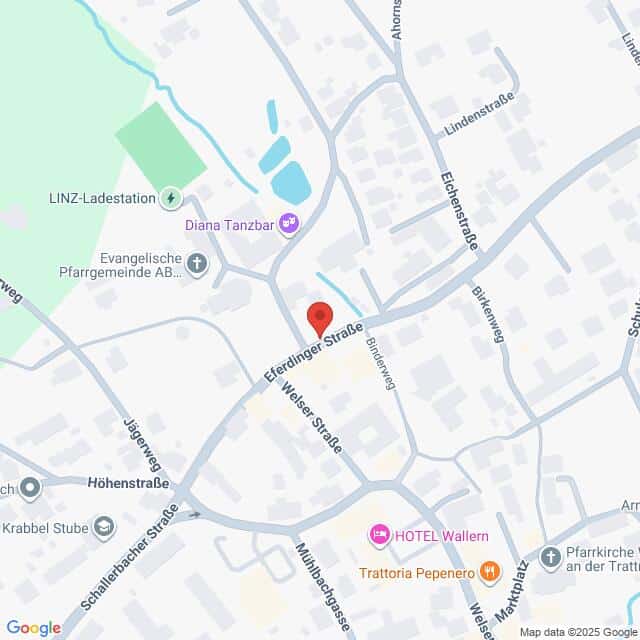 Lehrlingsportal.at Eine Karte der Kreuzung Eferdinger Straße und Weißer Straße in Wallern an der Trattnach, Österreich, mit Markierung der nahegelegenen Geschäfte und Sehenswürdigkeiten.
