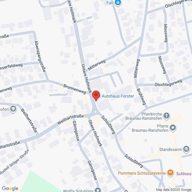 Lehrlingsportal.at Eine Karte zeigt Straßen und Orte in Braunau-Ranshofen, Österreich, wobei eine rote Markierung die Lage des Autohauses Forster anzeigt.