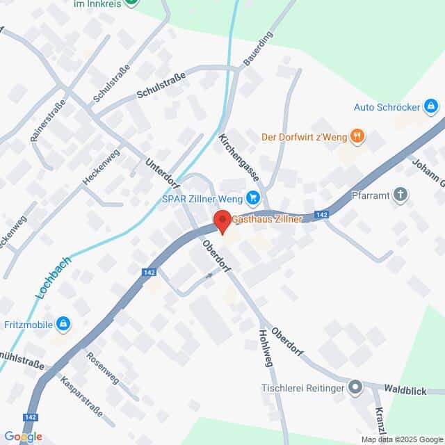 Lehrlingsportal.at Karte eines Teils von Weng, Österreich, mit beschrifteten Straßen und Sehenswürdigkeiten wie SPAR Zillner Weng, Gasthaus Zillner und Auto Schröcker.