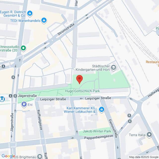 Lehrlingsportal.at Digitale Karte der Umgebung des Hugo-Gottschlich-Parks in Leipzig, Deutschland, mit Markierung der umliegenden Straßen und Orte. Eine rote Stecknadel markiert die Lage des Parks.