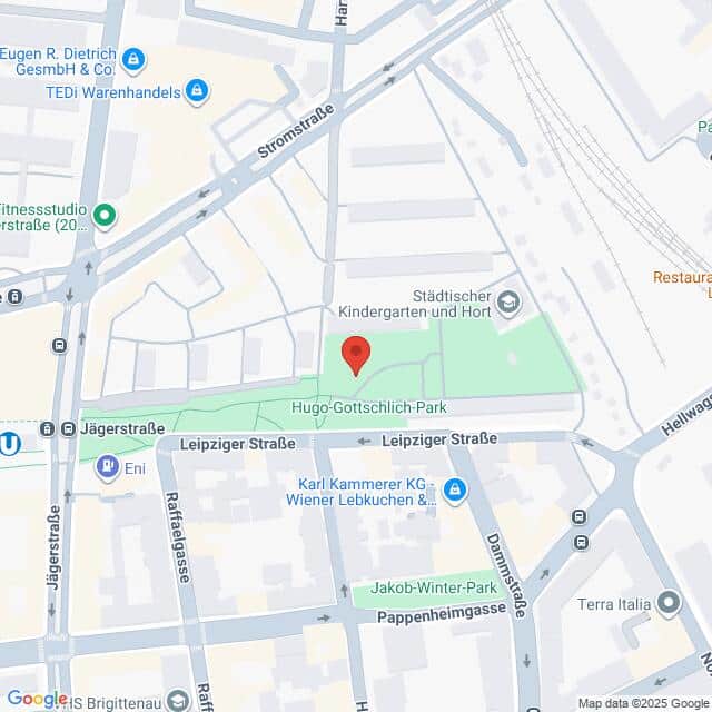Lehrlingsportal.at Eine digitale Karte mit dem Hugo-Gottschlich-Park in Leipzig, Deutschland, die die umliegenden Straßen und Geschäfte zeigt.