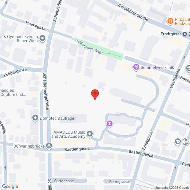 Lehrlingsportal.at Eine digitale Karte mit Straßen und Orten in der Nähe der Bastiengasse in Wien, Österreich, mit einem roten Marker an einem zentralen Punkt.