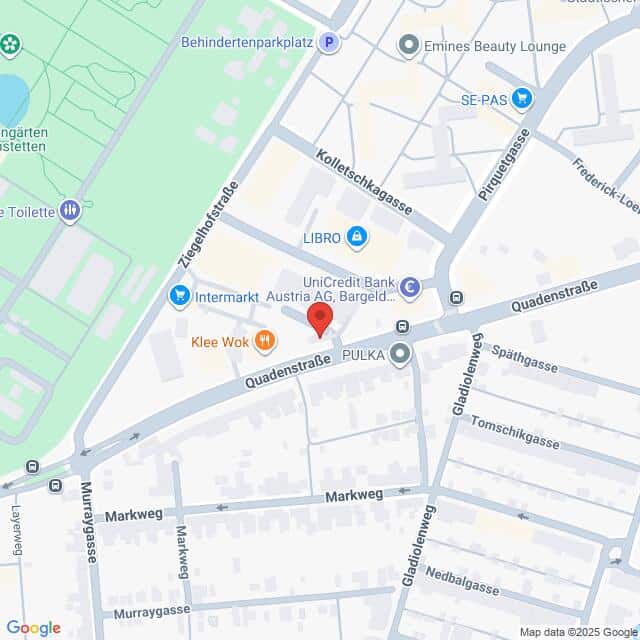 Lehrlingsportal.at Karte eines Teils von Wien, Österreich, mit beschrifteten Straßen und Markierungen für Geschäfte, Banken, Parks und Haltestellen in der Nähe der Quadenstraße und der Ziegelhofstraße.