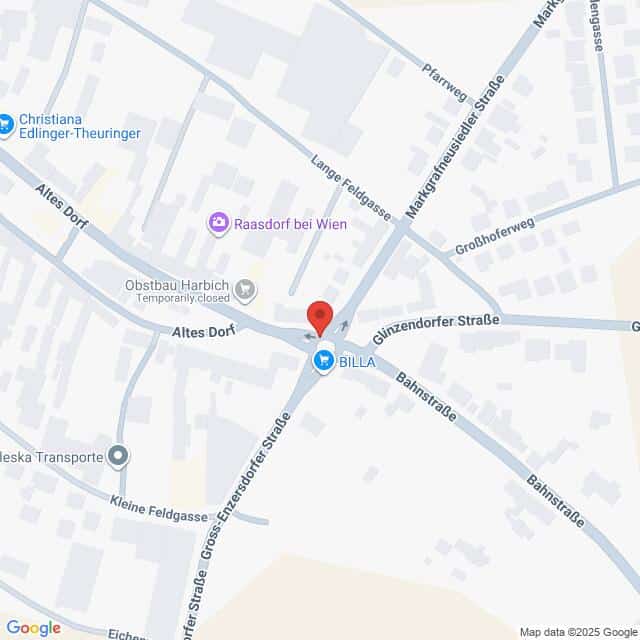 Lehrlingsportal.at Karte der Kreuzung von Altes Dorf und Glizenzendorfer Straße in Raasdorf, Österreich. Nahe gelegene Sehenswürdigkeiten sind BILLA Supermarkt und Obstbau Harbich.
