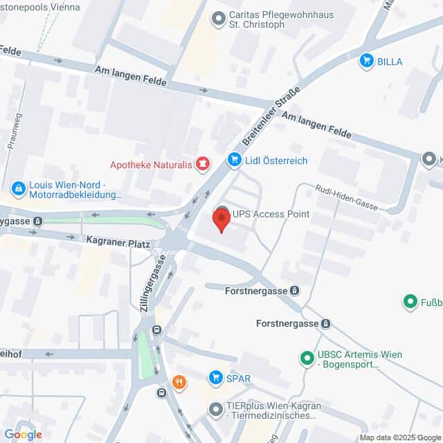 Lehrlingsportal.at Eine Karte der Gegend um den Kagraner Platz in Wien, Österreich, mit Markierungen für Geschäfte wie Lidl, SPAR und einen UPS Access Point. Die wichtigsten Straßen und Kreuzungen sind markiert.