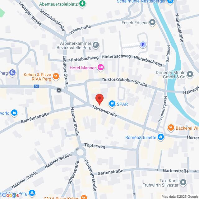 Lehrlingsportal.at Die Karte zeigt einen zentralen Bereich von Perg, Österreich, mit Straßen, Geschäften und einer roten Standortmarkierung in der Nähe der Herrenstraße in der Nähe von SPAR.
