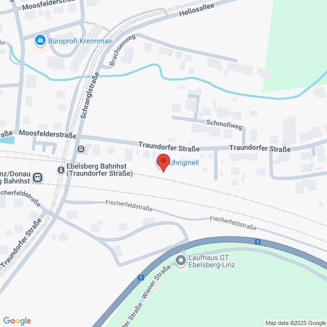 Lehrlingsportal.at Eine Karte der Umgebung von Ebelsberg Bahnhof in Linz, Österreich, mit nahegelegenen Straßen wie Traunhofer Straße, Moosfelderstraße und Fischerfeldstraße.