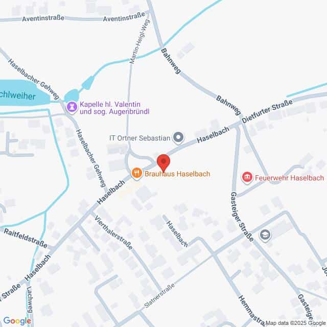 Lehrlingsportal.at Karte mit der Lage des Brauhaus Haselbach in Haselbach, Deutschland, mit nahegelegenen Sehenswürdigkeiten wie Kapelle hl. Valentin und Feuerwehr Haselbach. Straßen und örtliche Besonderheiten sind beschriftet.