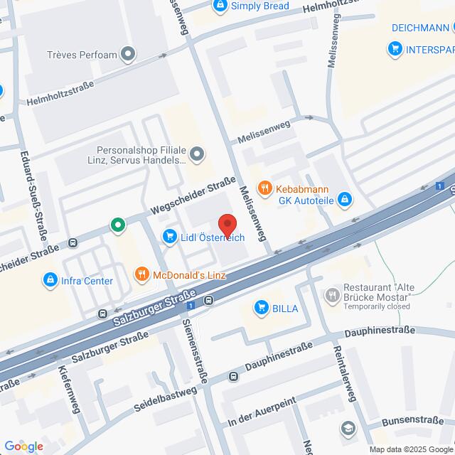 Lehrlingsportal.at Die Karte zeigt einen Ausschnitt von Linz, Österreich, mit Lidl Österreich in der Nähe der Salzburger Straße als Mittelpunkt, mit Beschriftung der umliegenden Geschäfte und Straßen.