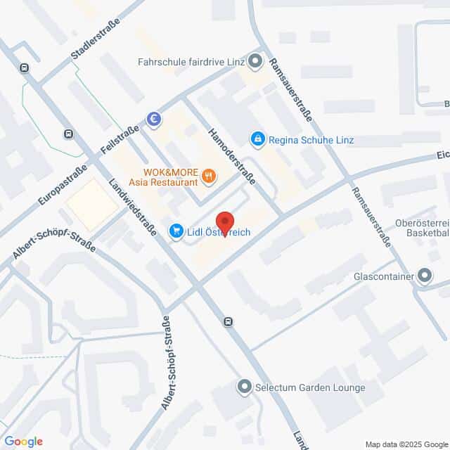 Lehrlingsportal.at Karte mit der Lage von Lidl Österreich, markiert durch eine rote Stecknadel, umgeben von Straßen und lokalen Geschäften, einschließlich WOK & MORE Asia Restaurant und Regina Schule Linz.