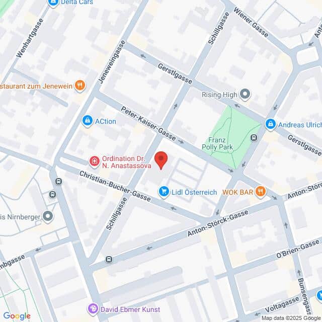 Lehrlingsportal.at Die Karte zeigt einen Ausschnitt von Wien, Österreich, mit einer roten Stecknadel in der Nähe der Christian-Bucher-Gasse und der Schillgasse, und beschrifteten Sehenswürdigkeiten in der Nähe, darunter ein Lidl-Supermarkt und die WOK BAR.
