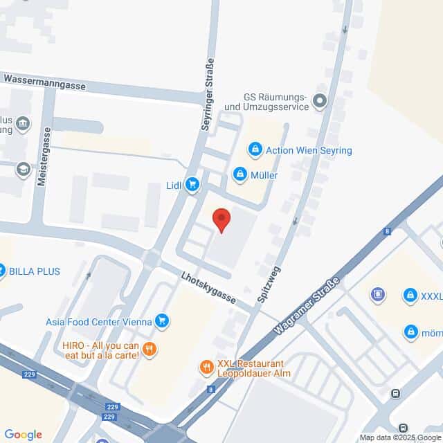 Lehrlingsportal.at Eine Karte, die die Kreuzung der Seyringer Straße und der Lhotskygasse in Wien, Österreich, zeigt, mit Markierung der nahegelegenen Geschäfte und Restaurants.