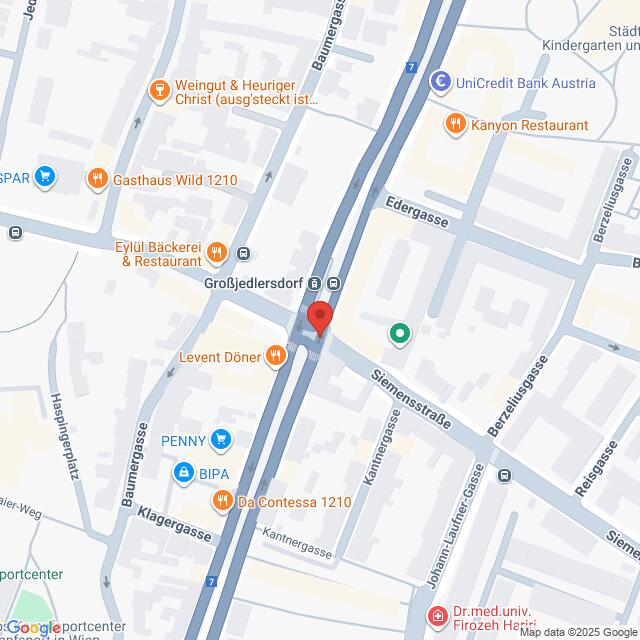 Lehrlingsportal.at Eine Karte, die einen Ausschnitt von Großjedlersdorf, Wien, zeigt, mit verschiedenen Geschäften, Restaurants und Straßen und einer roten Standortmarkierung in der Mitte der Brünner Straße.