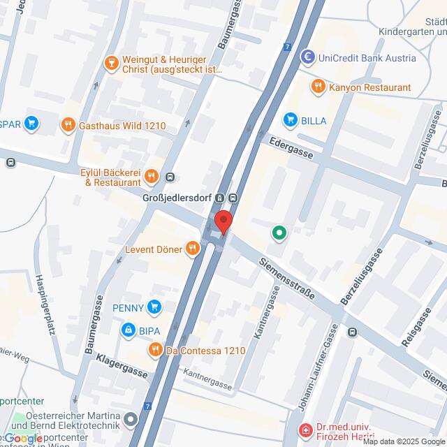 Lehrlingsportal.at Karte der Kreuzung Bahnstraße/Steinmühlstraße in Großjedlersdorf, Wien, mit Beschriftung der umliegenden Geschäfte und Sehenswürdigkeiten.