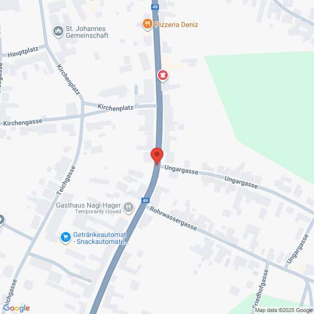 Lehrlingsportal.at Die Karte zeigt einen Abschnitt der Ungargasse mit nahegelegenen Geschäften und Sehenswürdigkeiten, darunter die St. Johannes Gemeinschaft, die Pizzeria Deniz und das Gasthaus Nagl-Hager.