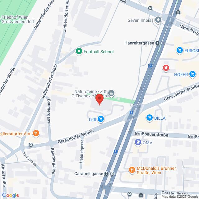 Lehrlingsportal.at Die Karte zeigt einen Abschnitt von Wien mit Sehenswürdigkeiten wie Lidl, BILLA, McDonald's und einer Fußballschule in der Nähe der Gersdorfer Straße und des Jedlersdorfer Platzes.