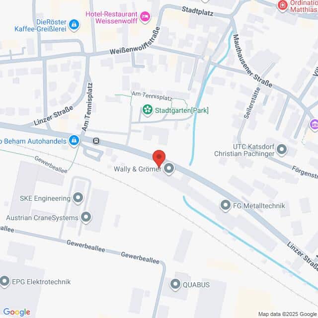 Lehrlingsportal.at Karte mit der Lage von Wally & Grömer in der Gewerbeallee, mit Beschriftung der umliegenden Geschäfte und Straßen in einem Stadtplan.