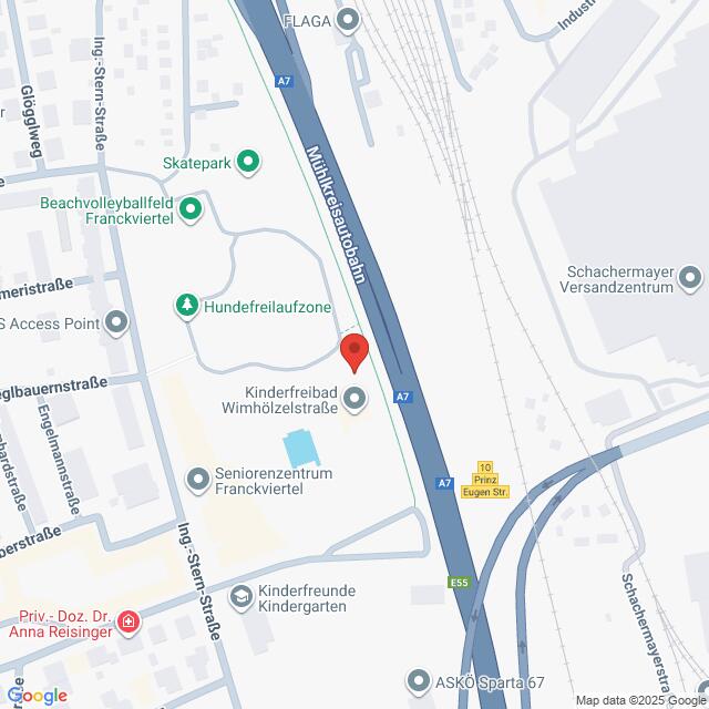 Lehrlingsportal.at Die Karte zeigt einen Ausschnitt von Wien mit Sehenswürdigkeiten wie einem Skatepark, einer Hundezone, einem Kinderbad, einem Seniorenzentrum und der von Norden nach Süden verlaufenden Mühlkreisautobahn A7.